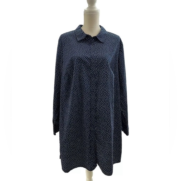 Woman Within Blue White Polka Dot Button Up Tunic 1X 22/24 Long Sleeve Cotton - Picture 1 of 7